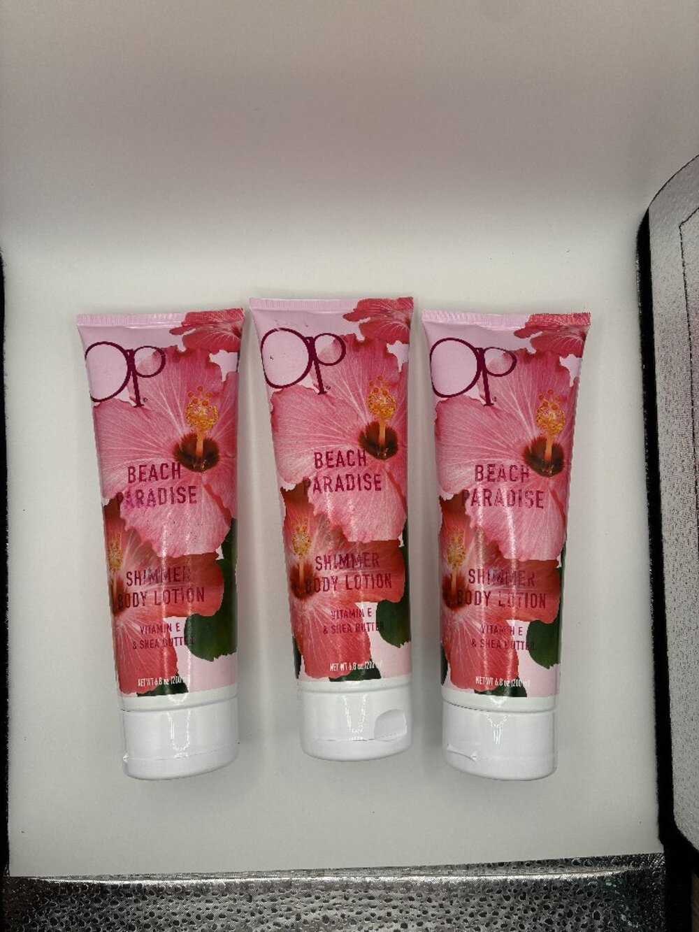 3 Full-Size Bottles OP Beach Paradise Shimmer Body Lotion Vit E & Shea Butter